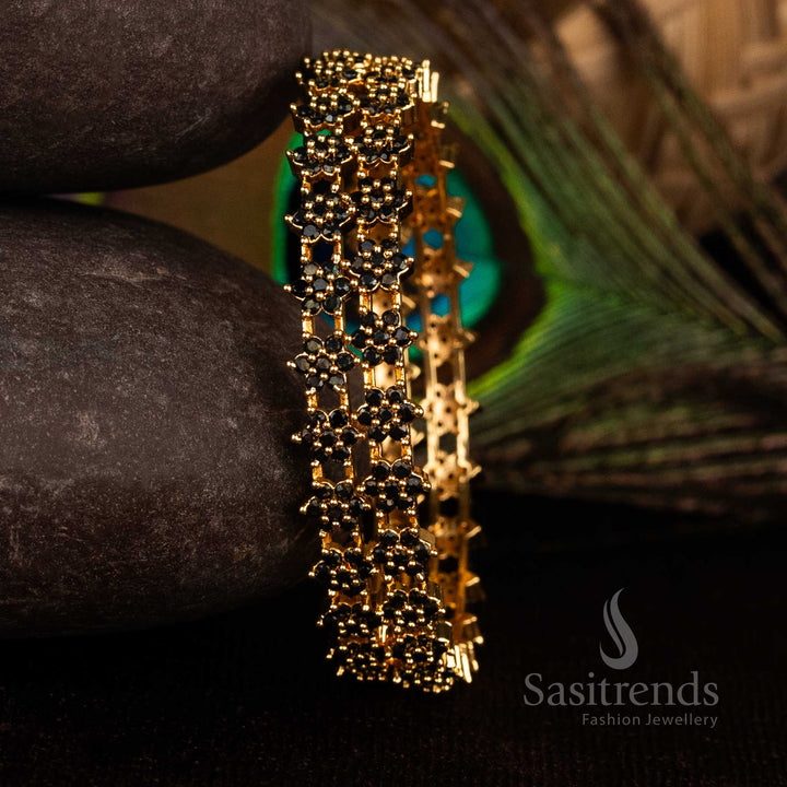 Alluring Black Bangles with American Diamond Stones and Micro Gold Finish, Perfect for Festive Celebrations and Traditional Jewellery Ensembles – Sasitrends