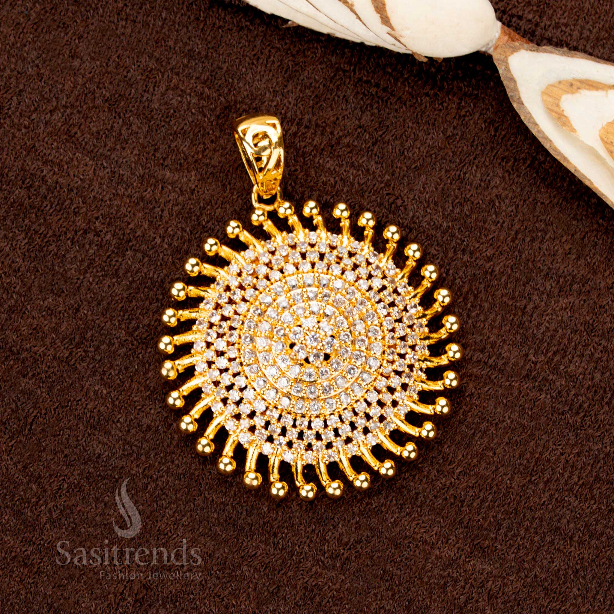 Radiant one-gram gold plated Chakara pendant, crafted with glowing white stones, an ideal festive jewellery statement piece - Sasitrends
