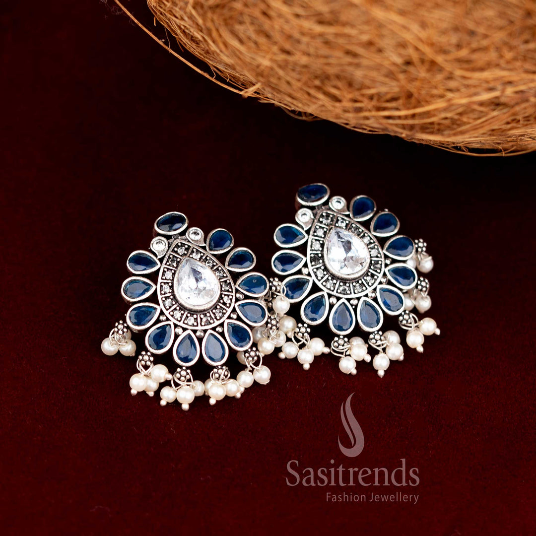 Stunning Oxidised Chandbali Stud Earrings With Blue Faceted Stones And Pearl Drops – Trendy Handcrafted Jewellery Sasitrends