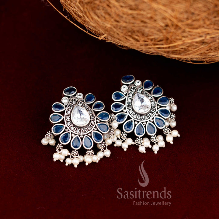 Oxidised Chandbali-Style Stud Earrings with Faceted Stones and Pearl Drops - Sasitrends