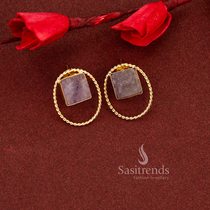 Refined oval natural purple stone rope detailed gold plated studs ideal for professional attire and everyday fashion layering - Sasitrends