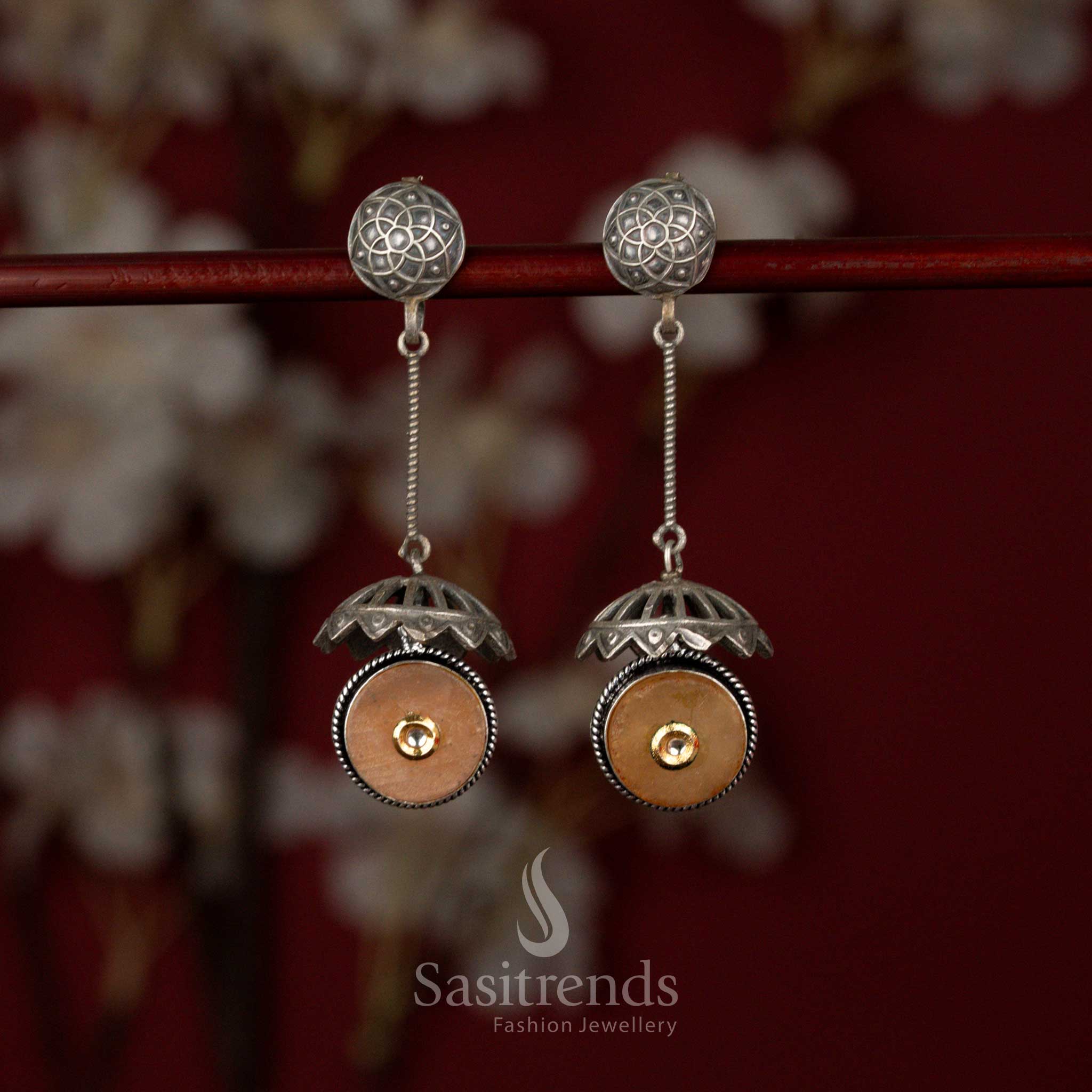 Opulent oxidised silver plated earrings with engraved stud, rod frame and peach stone accent perfect for special functions – Sasitrends