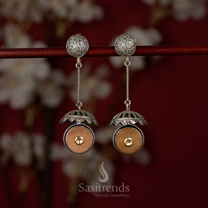 Opulent oxidised silver plated earrings with engraved stud, rod frame and peach stone accent perfect for special functions – Sasitrends