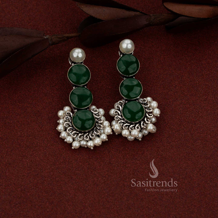 Chic oxidised silver 3 tier round stone with pearl drop earrings dark green perfect for daily office wear and subtle casual styling – Sasitrends