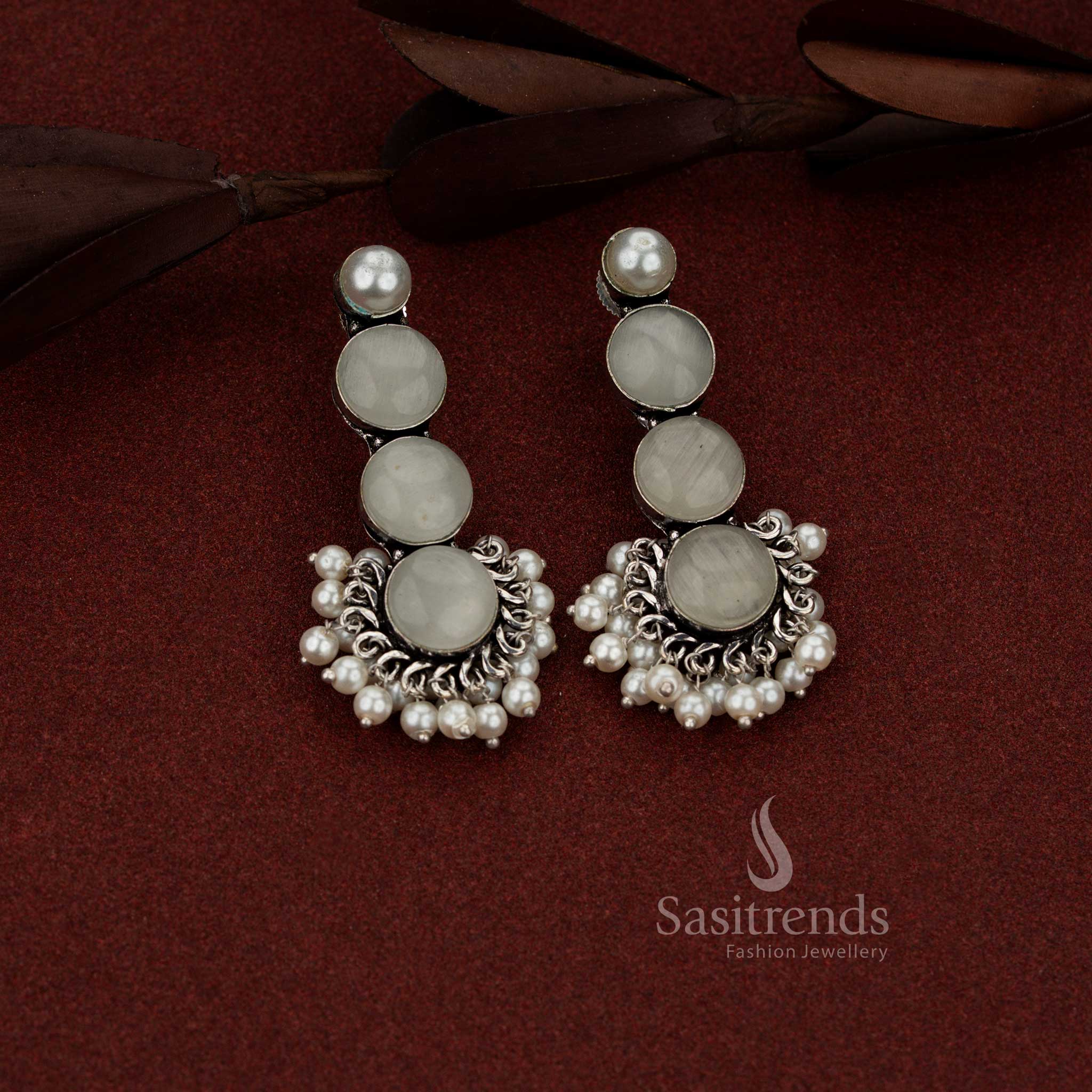 Classic oxidised silver 3 tier round stone with pearl drop earrings white ideal for office elegance, daily wear and subtle casual styling – Sasitrends