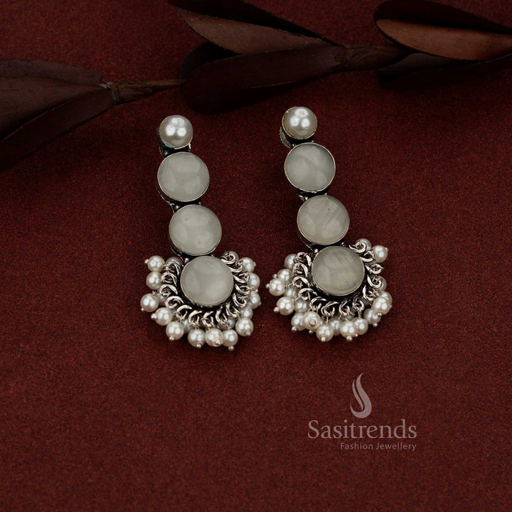 Classic oxidised silver 3 tier round stone with pearl drop earrings white ideal for office elegance, daily wear and subtle casual styling – Sasitrends