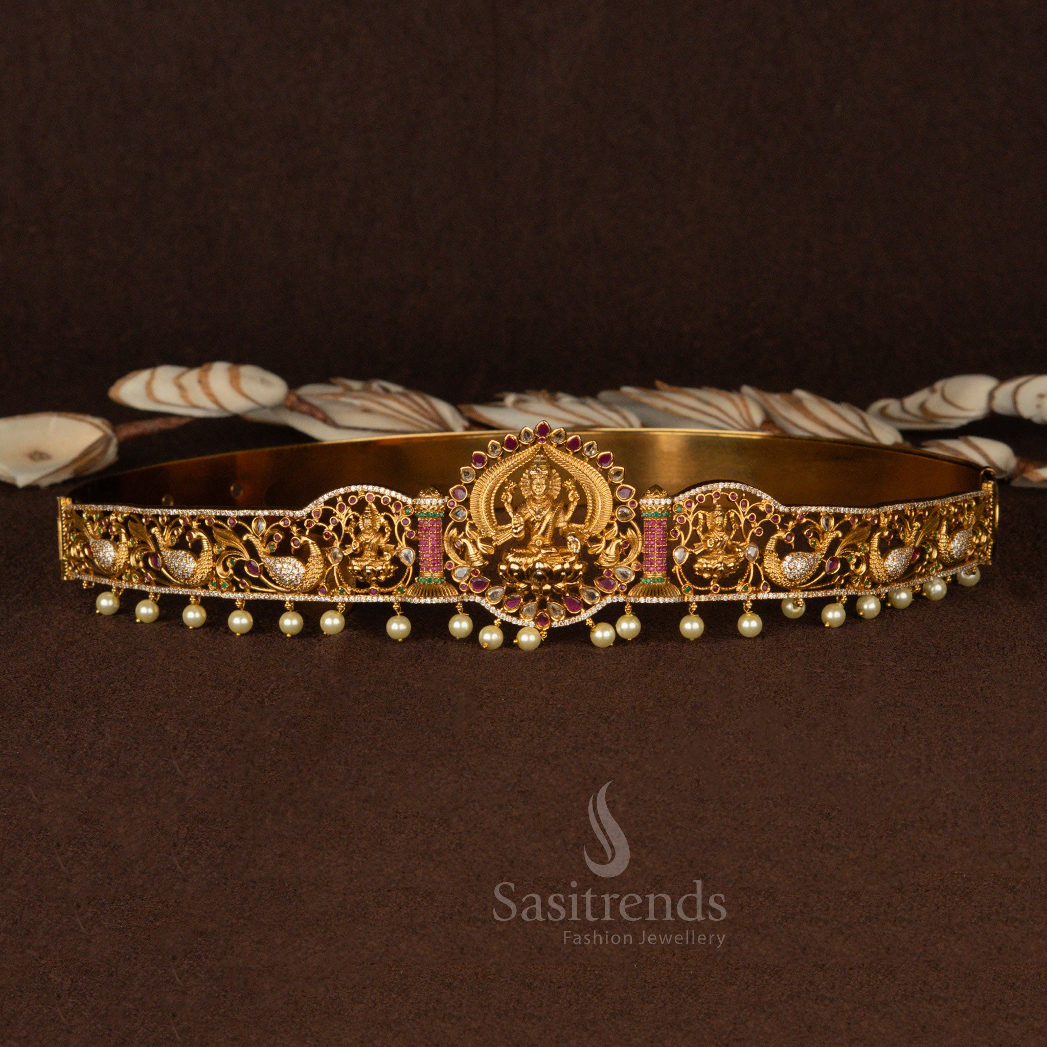 Matte Gold Plated Bridal Waist Belt with AD Stones & Pearl Droppings – Sasitrends
