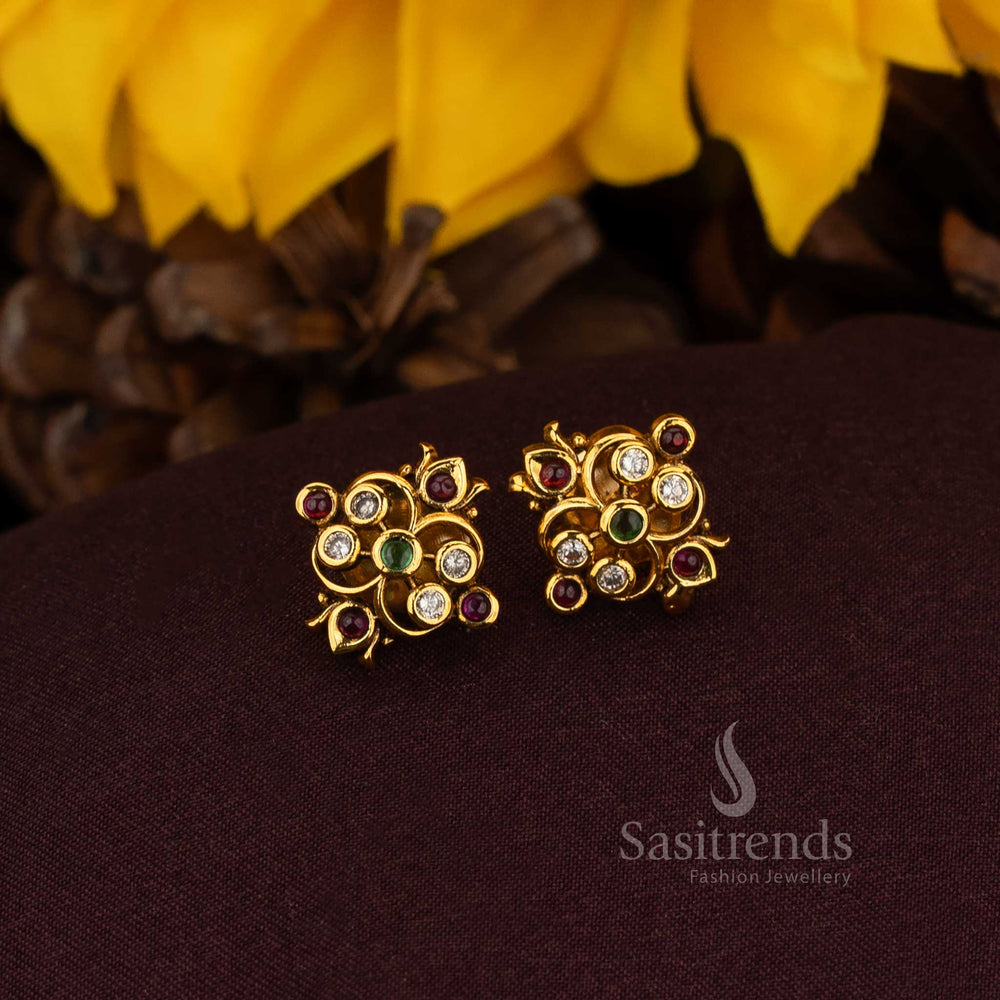 Regal multicolor AD floral cluster stud earrings in matte gold with ornate artistry crafted for noble weddings cultural elegance and heritage jewellery splendour – Sasitrends