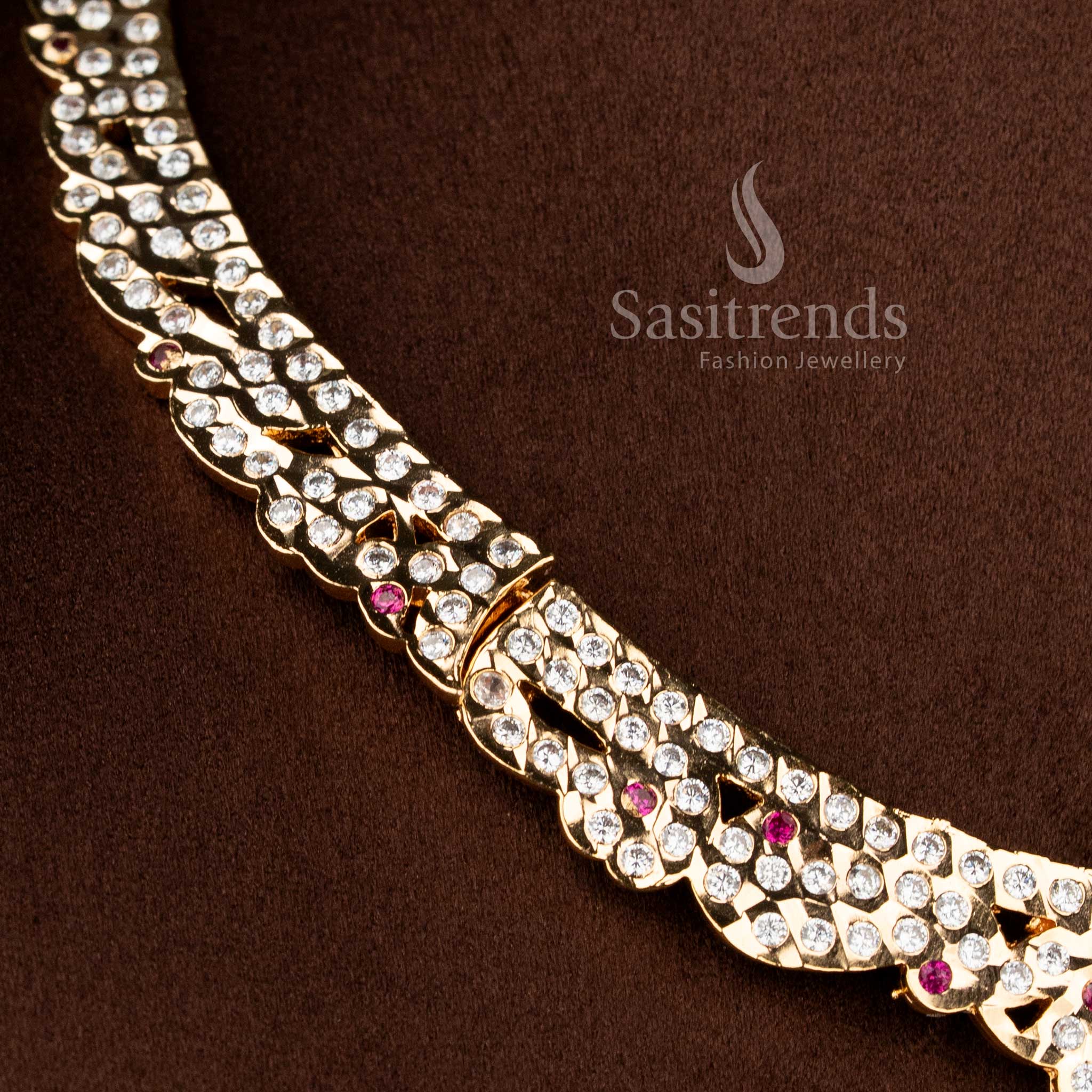 Celestial traditional impon attigai necklace in white ruby styled with fan curve pendant and glowing richness – Sasitrends