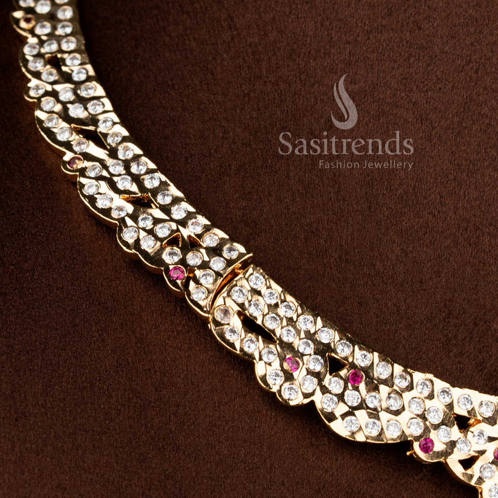 Celestial traditional impon attigai necklace in white ruby styled with fan curve pendant and glowing richness – Sasitrends