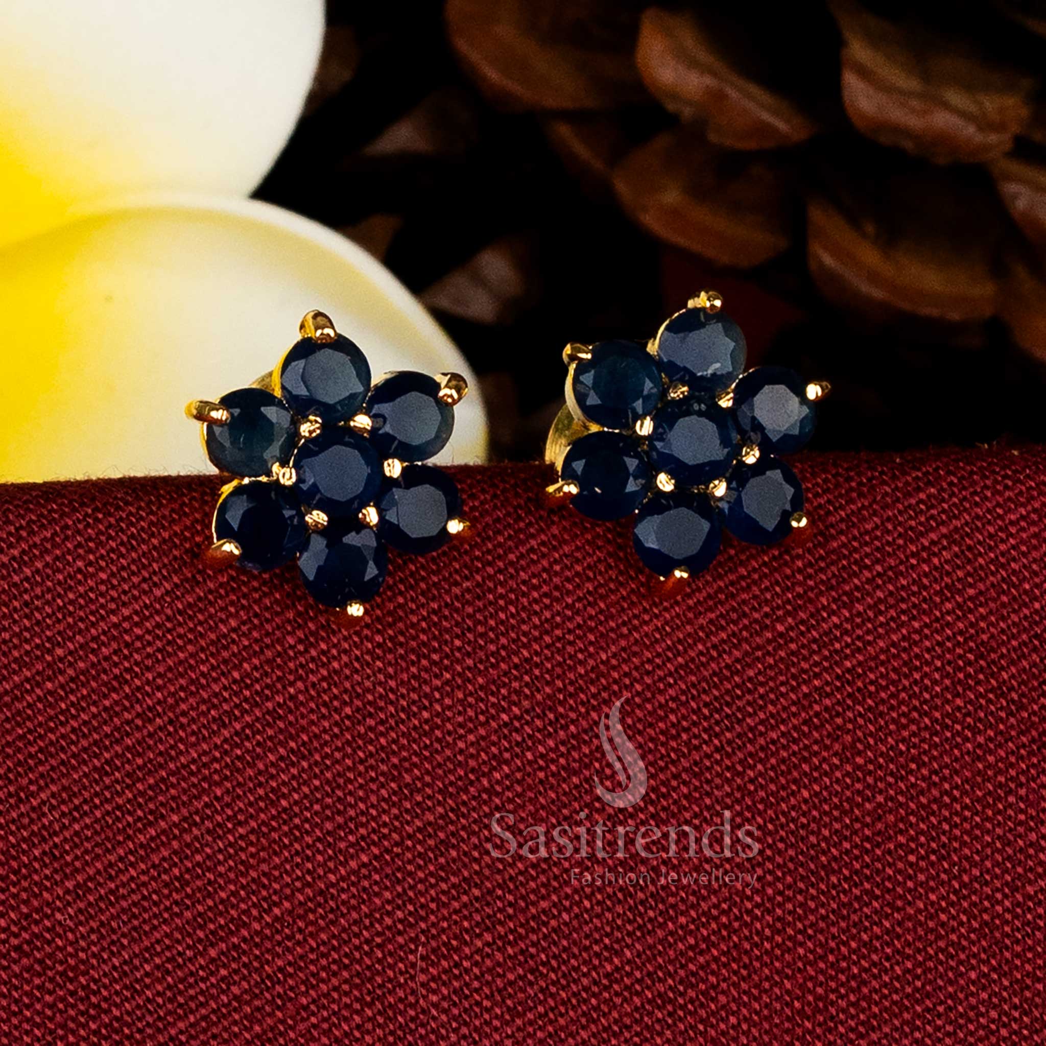 Elegant blue circular AD stone floral stud earrings micro gold plated suitable for stylish party looks – Sasitrends