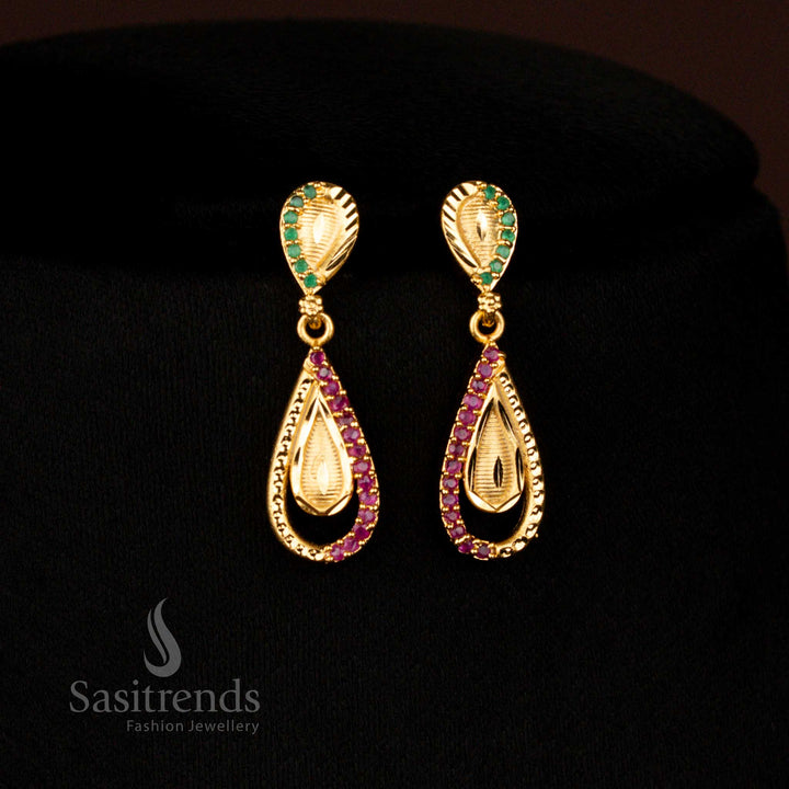 Glamorous earrings forming Micro Gold Plated design with  ruby-green stone studs, ideal for festive and luxurious occasions – Sasitrends