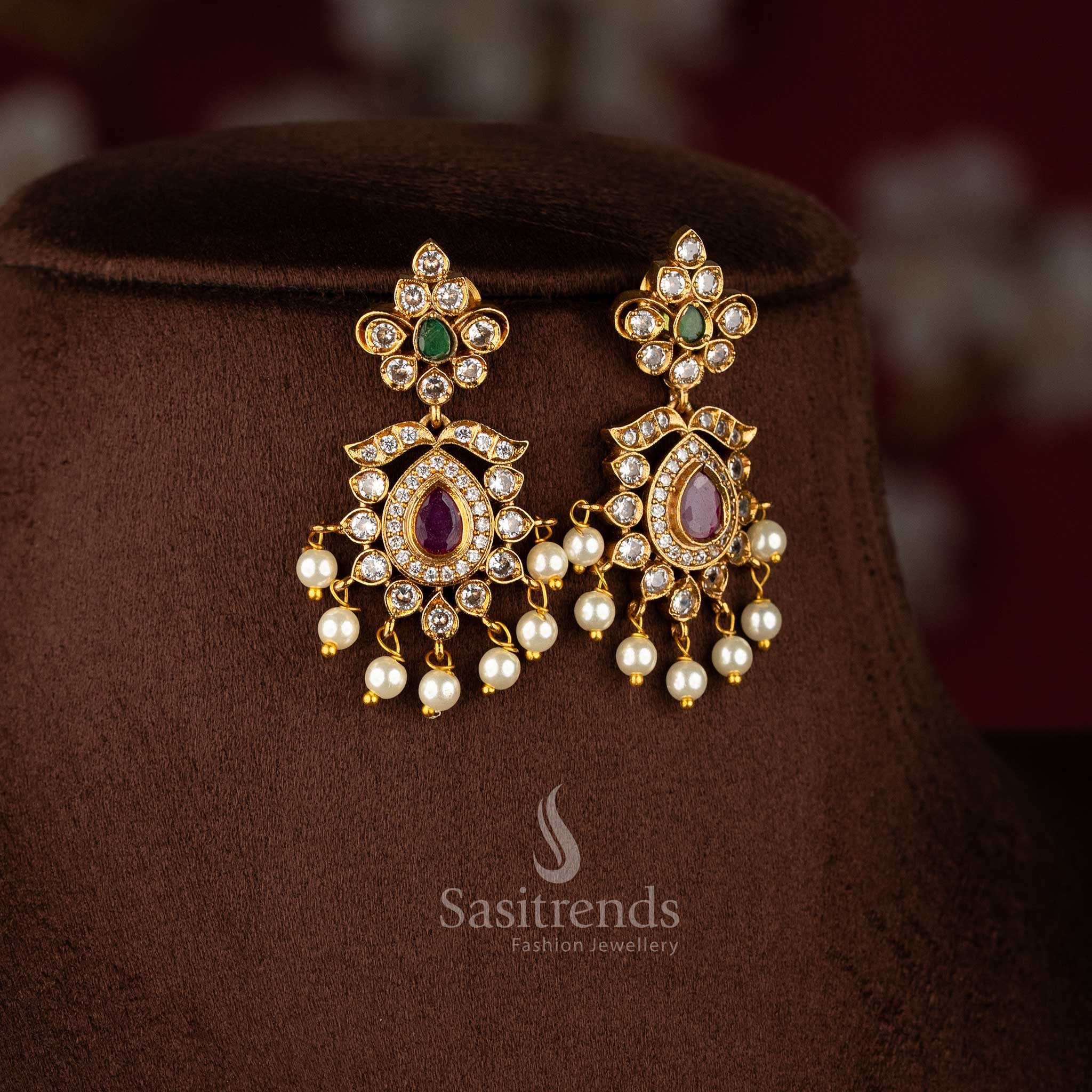 Vibrant multi floral AD matte gold earrings for women, lively jewellery for festive outfits - Sasitrends
