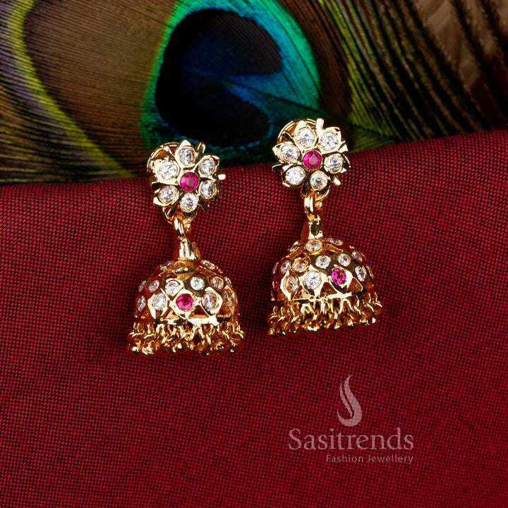 Impon Addigai 24k gold shine micro plated white ruby floral stud jhumka earrings for grand celebrations – Sasitrends