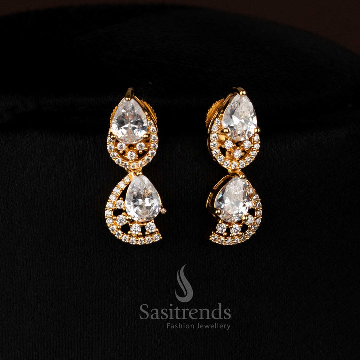 Opulent white gold plated teardrop infinity dangle earrings with American diamonds for festive elegance - Sasitrends
