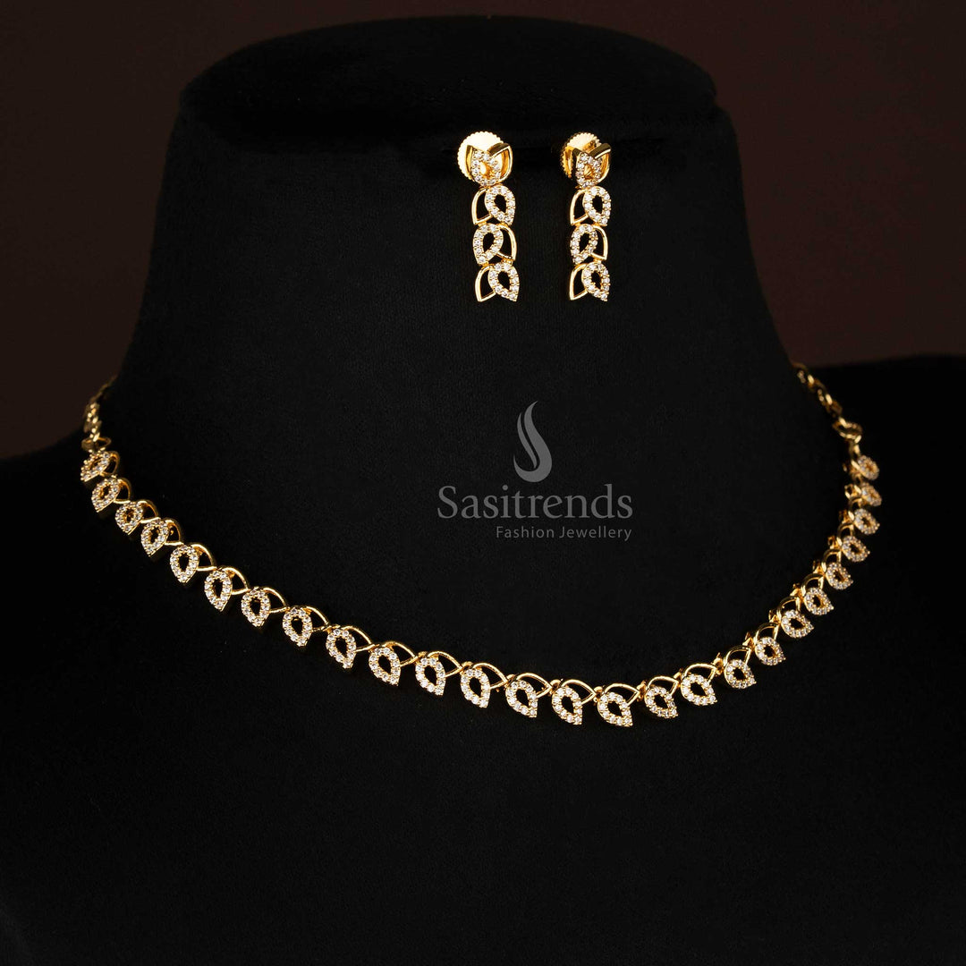 Timeless white American diamond jewellery set featuring delicate leaf-shaped micro gold plated design with elegant matching earrings for women – Sasitrends