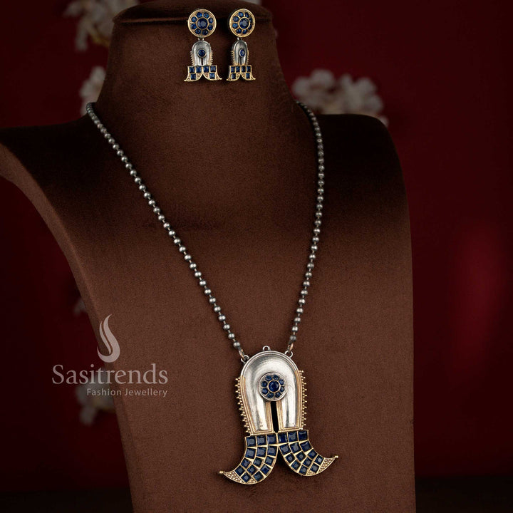 Spiritual blue antique oxidised 92.5 silver plated Shivlinga pendant long necklace set for celebrations – Sasitrends