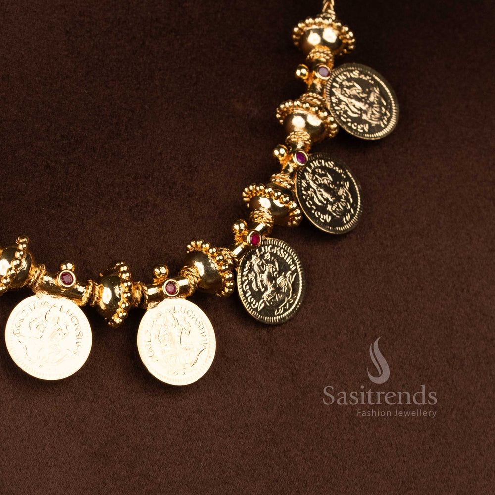 Prosperity inspired guaranteed micro gold plated traditional Lakshmi coin necklace with ribbed golden beads for ritual wear jewellery - Sasitrends