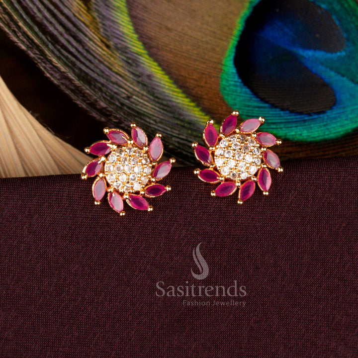 Opulent ruby-white floral AD stud earrings in pure micro gold with a guaranteed 24 carat gold finish, created for bridal wear, festive celebrations, and cultural ceremonies - Sasitrends