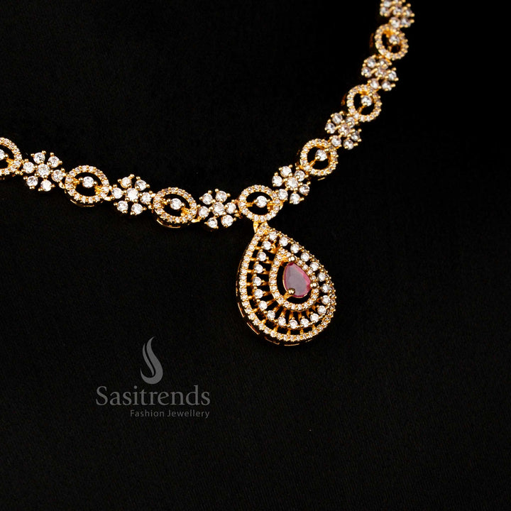 Enchanting American Diamond gold plated teardrop long ruby necklace jewellery set perfect for festive style and celebration wear – Sasitrends