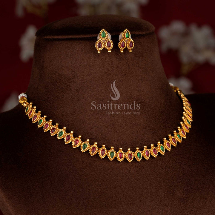 Grand classic matte gold plated ruby-green necklace set with matching earrings for party-ready looks – Sasitrends