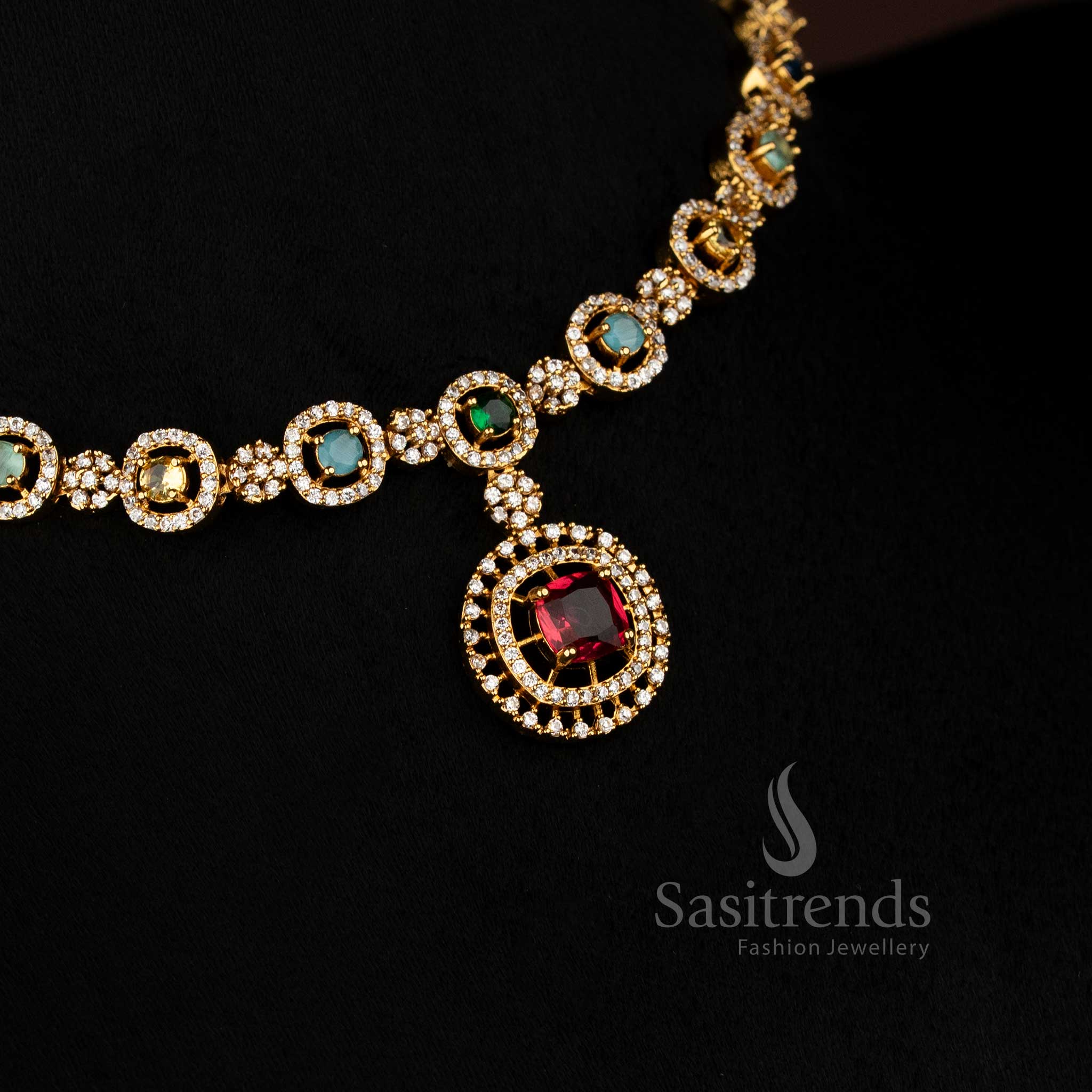 Enthralling matte gold plated AD multi-shade round stone necklace set detailed with exquisite artisan craftsmanship, perfect for adding ceremonial elegance to festive celebrations – Sasitrends