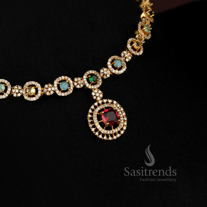 Enthralling matte gold plated AD multi-shade round stone necklace set detailed with exquisite artisan craftsmanship, perfect for adding ceremonial elegance to festive celebrations – Sasitrends