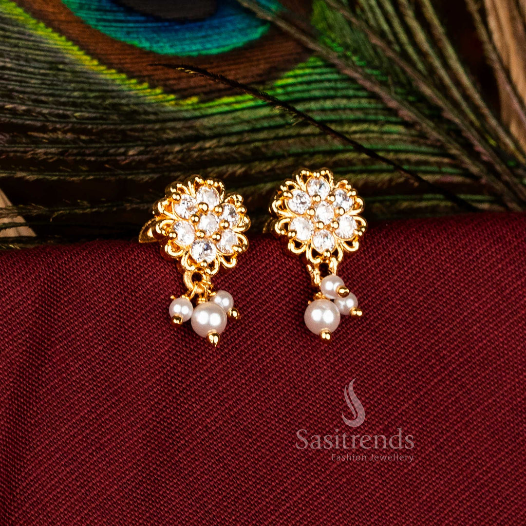Opulent Micro Gold Plated AD Lotus Petal Earrings with Pearl Accents in White, Perfect for Festive Tradition Jewellery – Sasitrends