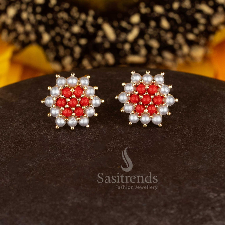 Exquisite micro gold plated pearl pavalam circular floral stud earrings radiating dual tone grace and elegance - Sasitrends