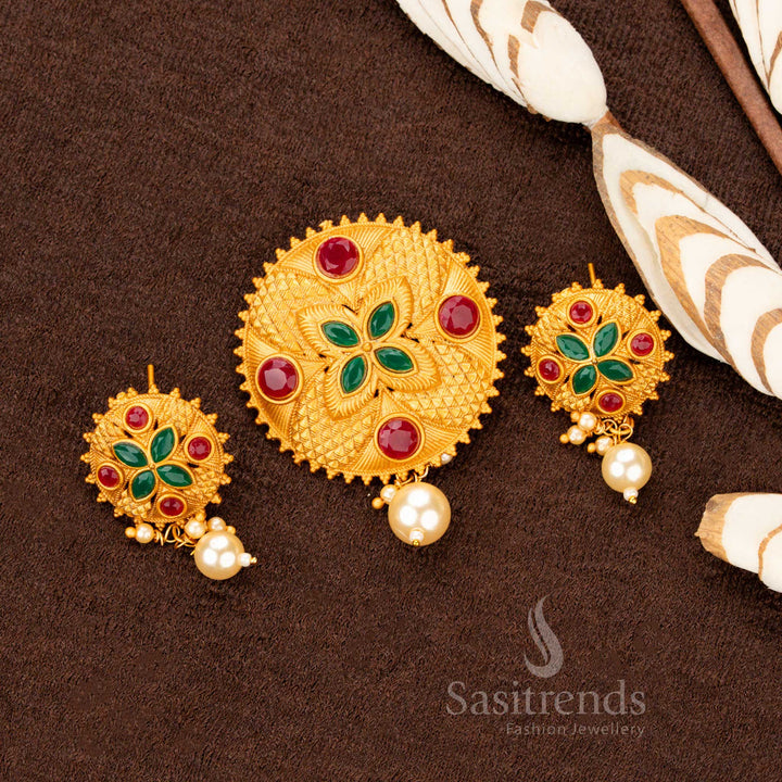 Elegant Temple Matte Gold Ruby-Green Pendant with Jhumka Earrings – Temple Jewellery for Saree Wear – Sasitrends