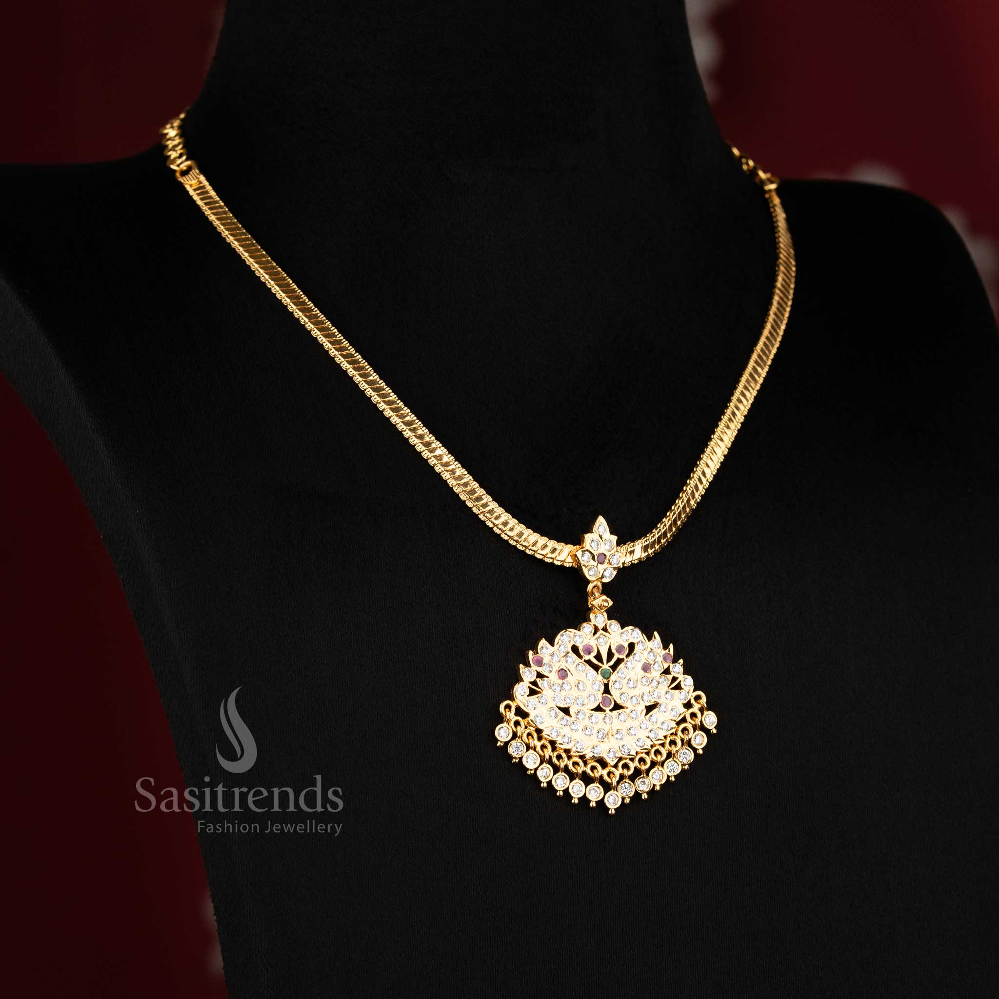 Grand multi micro gold peacock pattern attigai necklace highlighted with colourful stones and sparkling American diamond pendant, elegant jewellery choice for celebrations and cultural occasions - Sasitrends