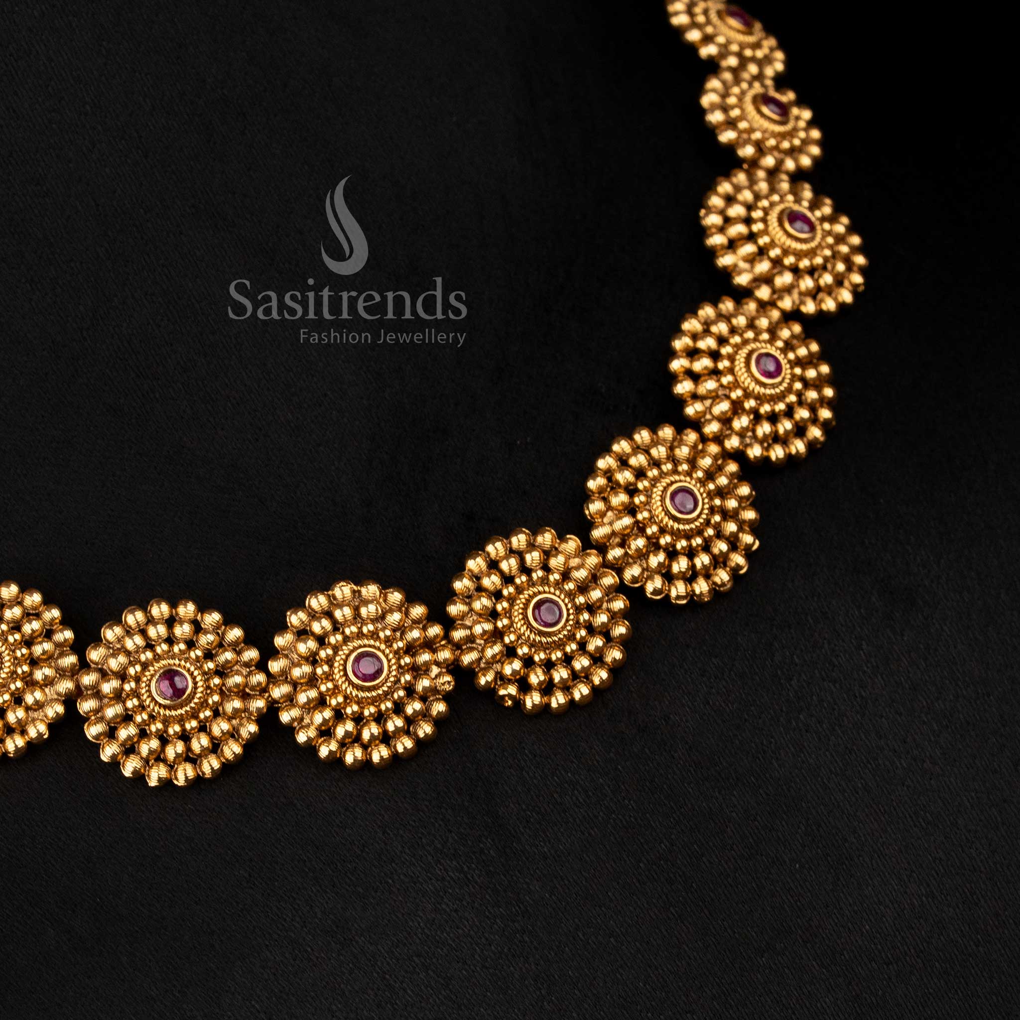 Regal ruby matte gold plated temple round floral necklace featuring AD stones, designed to wear for festive parties and celebratory events – Sasitrends