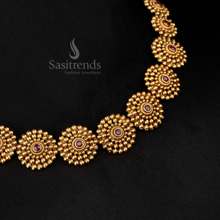 Regal ruby matte gold plated temple round floral necklace featuring AD stones, designed to wear for festive parties and celebratory events – Sasitrends