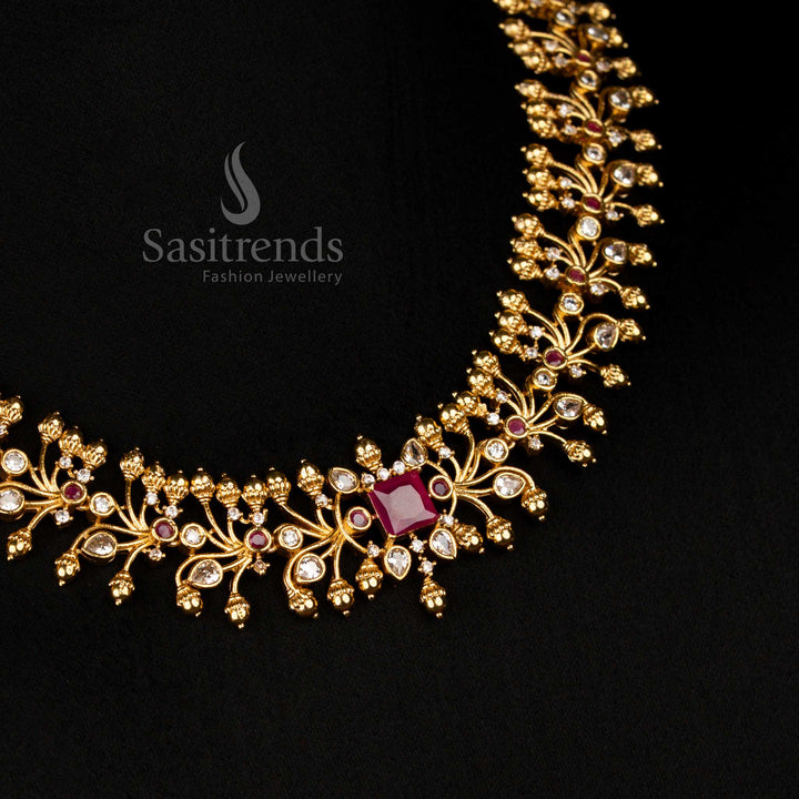 Traditional Matte Gold Floral Choker Necklace Set With Multi AD Stones And Statement Jhumkas Ideal For Classic Heritage Style - Sasitrends