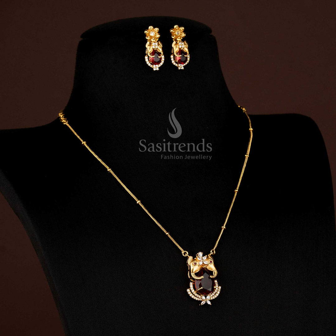 Royal Temple Matte Gold Elephant Pendant Chain With Earrings Red Stone Jewellery Crafted For Bridal And Wedding Functions By Sasitrends