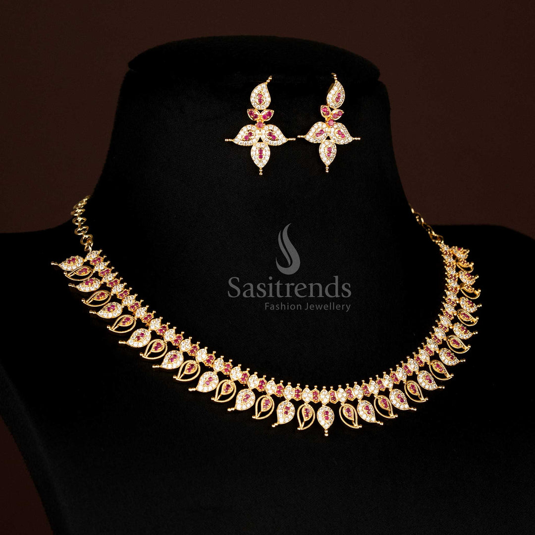 Grand Traditional American Diamond Micro Gold Plated Mango Pattern Necklace Jewellery Set In White And Ruby Stones With Premium Gold Polish - Sasitrends