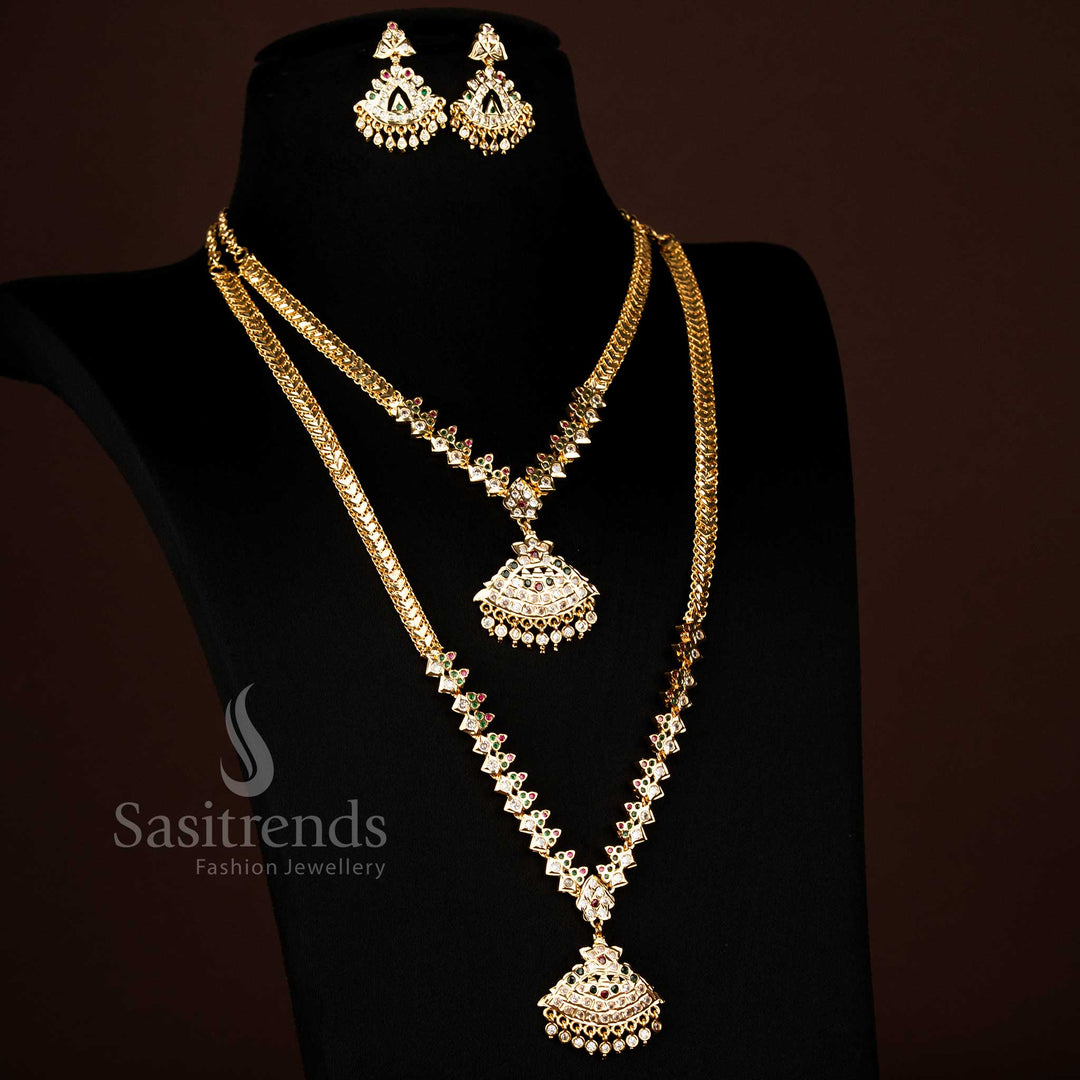 Grand one gram micro gold Impon long short necklace set with rainbow hued stones and elegant earrings for an enchanting festive look - Sasitrends