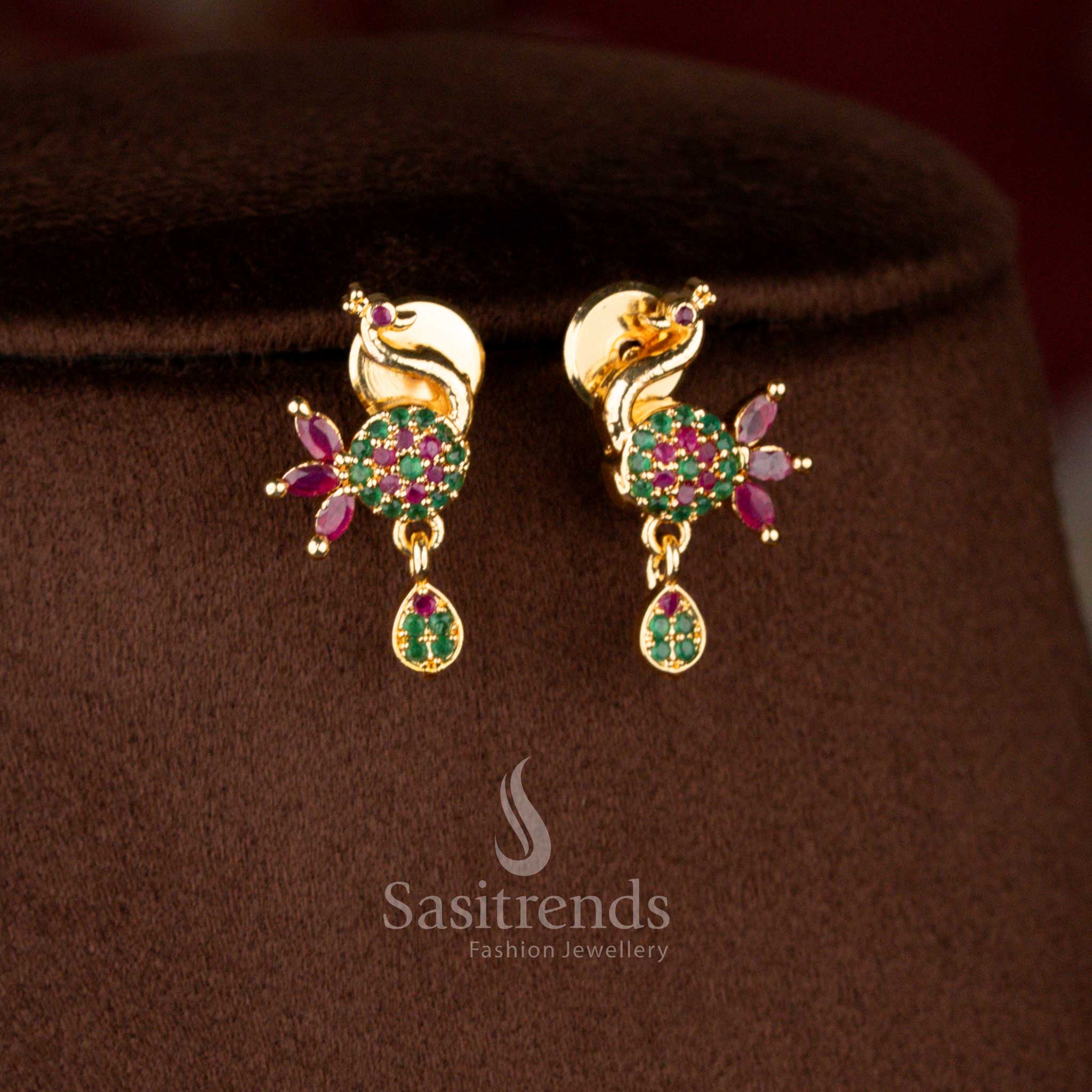 Elegant micro gold plated peacock drop earrings in ruby-green highlighted with gemstones and pearls, complementing matching necklace – Sasitrends