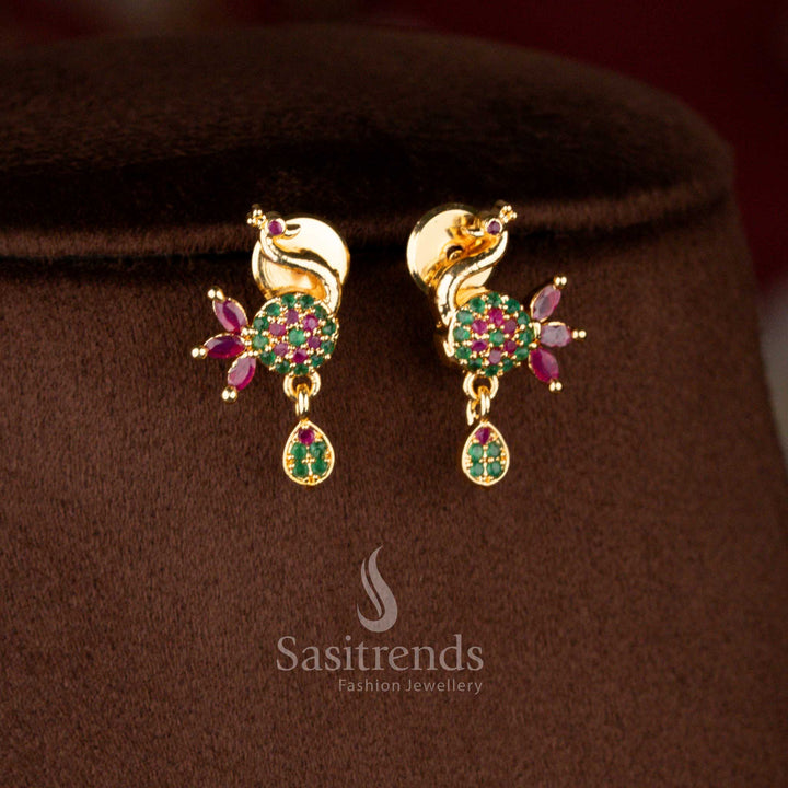 Elegant micro gold plated peacock drop earrings in ruby-green highlighted with gemstones and pearls, complementing matching necklace – Sasitrends
