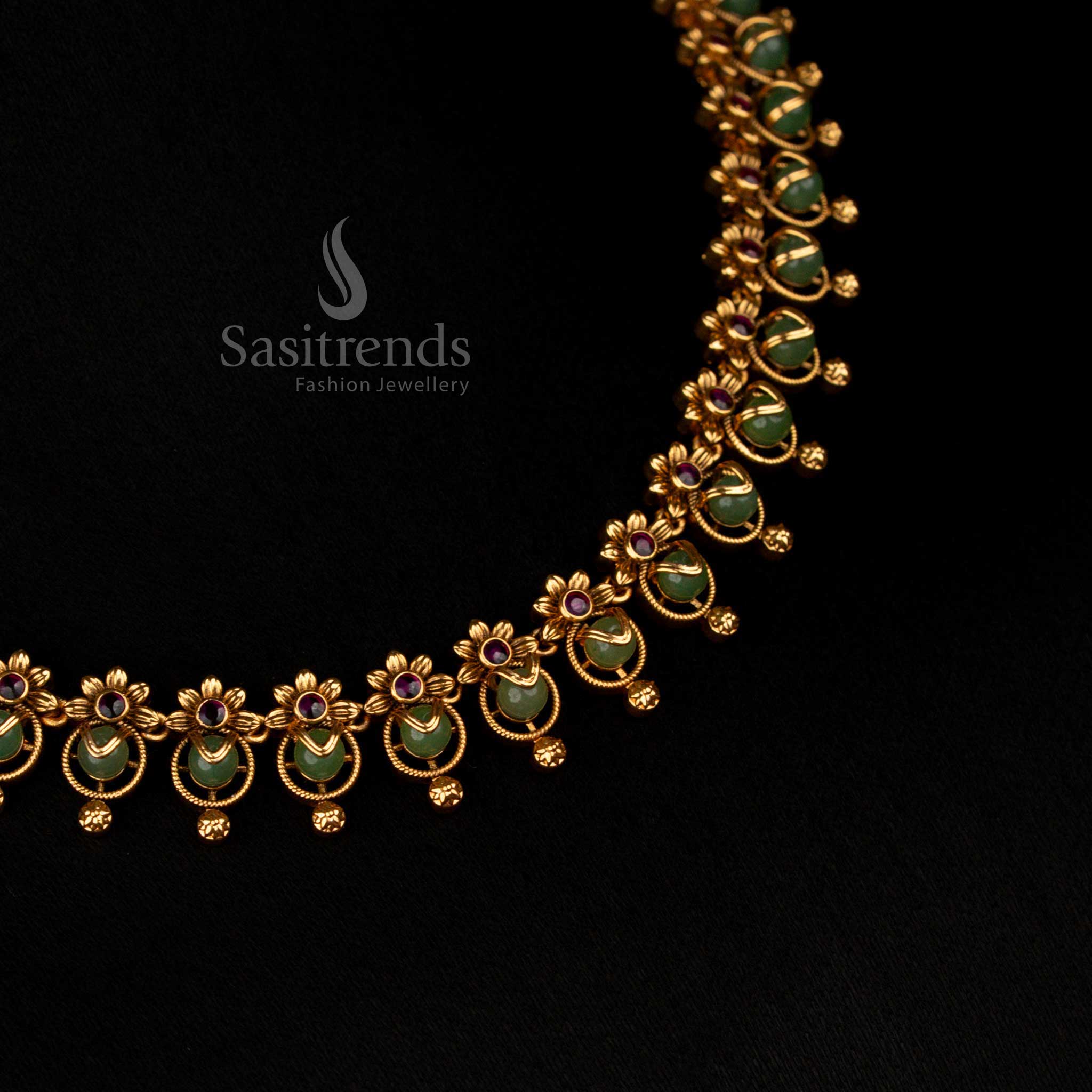 Premium Temple Matte Gold Green Pearl Necklace Jewellery Set Perfect For Grand Wedding Mandap – Sasitrends