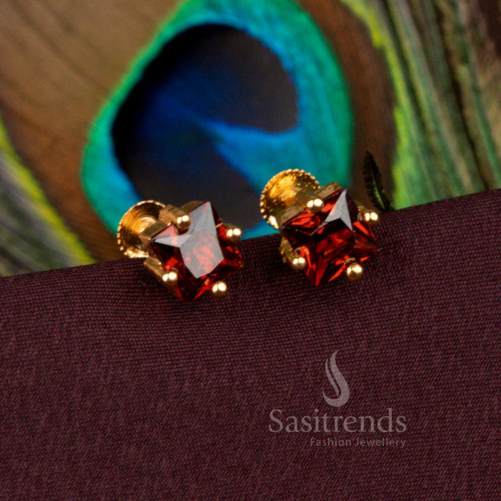 Stunning Square Shape Red Stone Stud Earrings Crafted In One Gram Micro Gold Plated Finish High Quality Guaranteed – Sasitrends