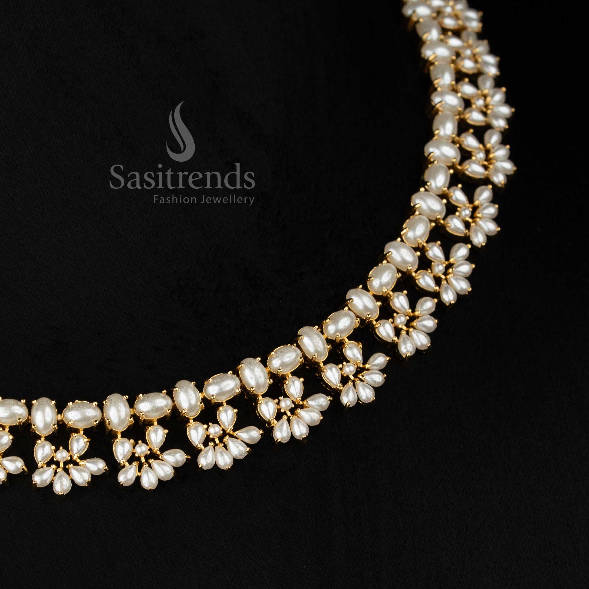 IvoryGleam micro gold plated oval pearl floral leaf cluster necklace set perfect for celebration evenings with style - Sasitrends