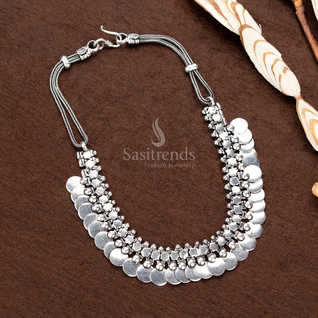 Vintage oxidised German silver choker necklace with engraved coin embellishments and striking circular elements - Sasitrends