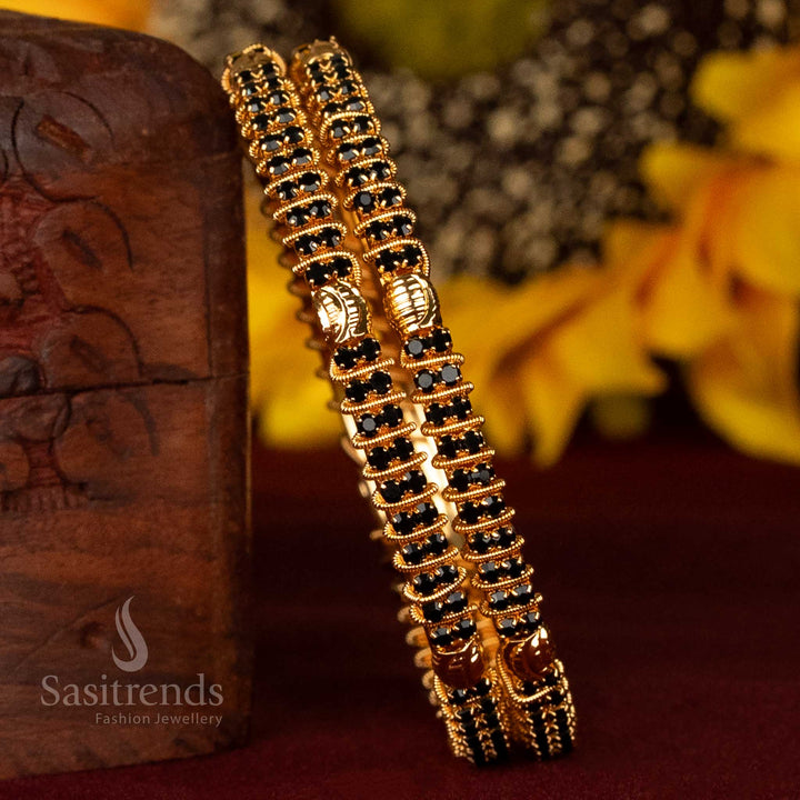 One Gram Guaranteed Traditional Micro Gold Plated Bangles with Structured Stone Rows and Raised Detailing For Festive Wear - Sasitrends