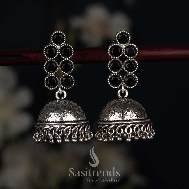 Bold oxidised round stone jhumka earrings black colour for ethnic parties Sasitrends