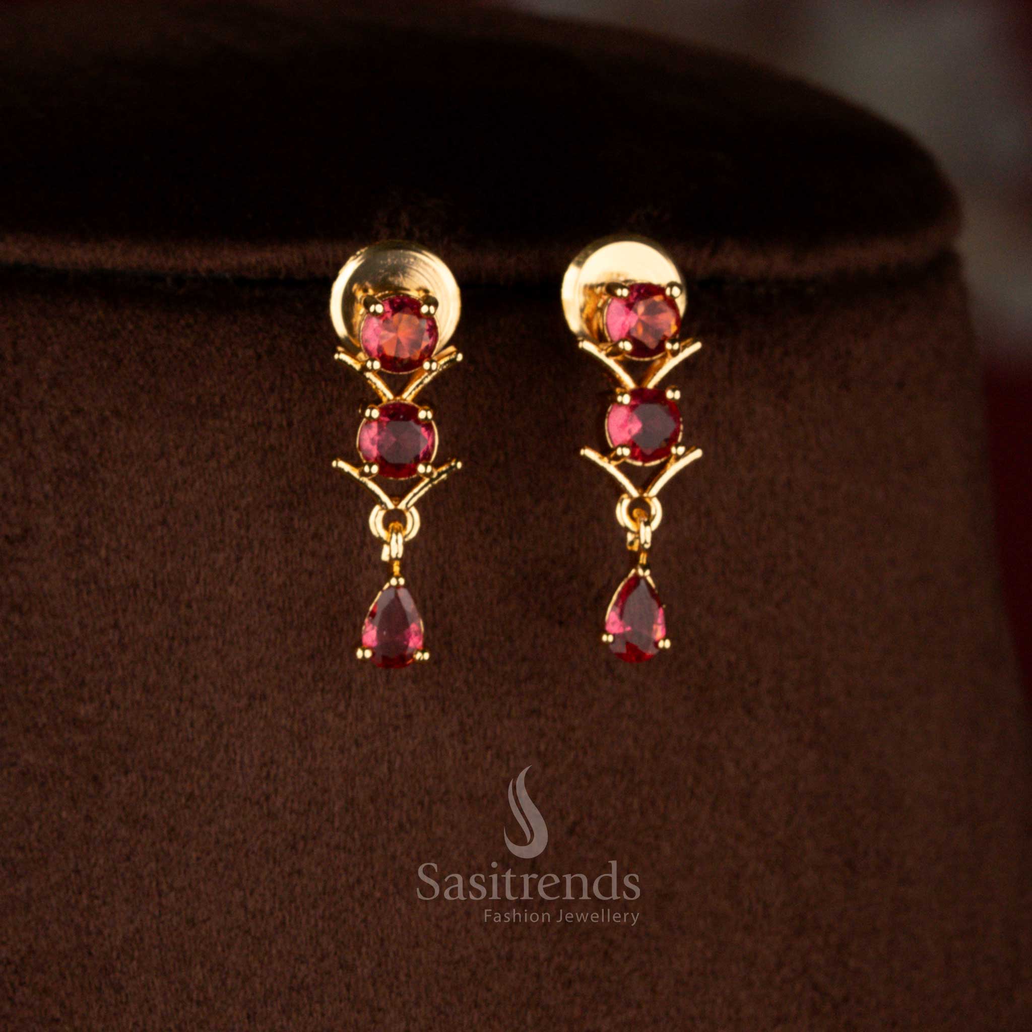 Alluring ruby micro gold plated American diamond V-cut earrings suited for night events – Sasitrends