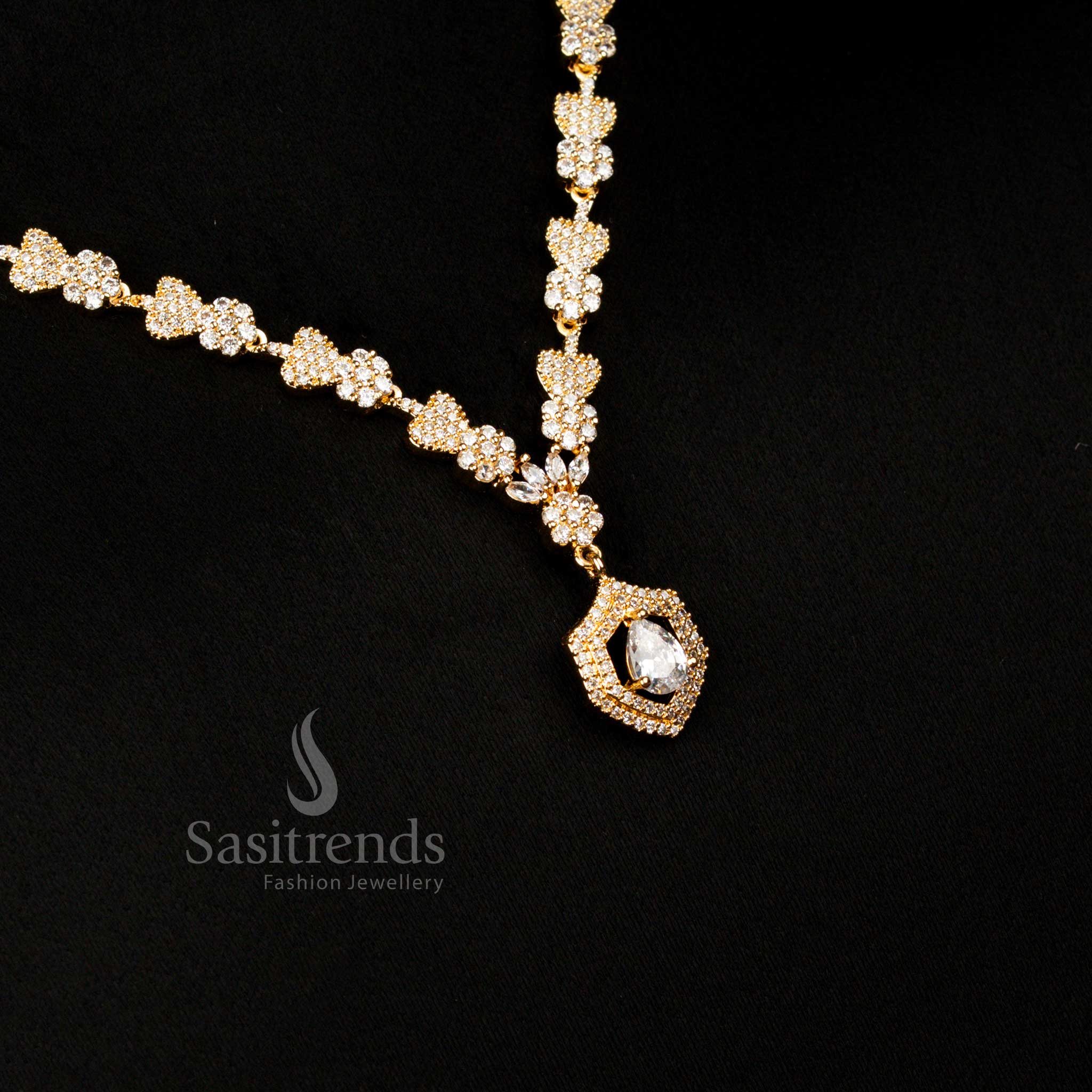 American Diamond gold plated heart and floral white necklace with teardrop pendant perfect for festive gatherings and celebrations – Sasitrends