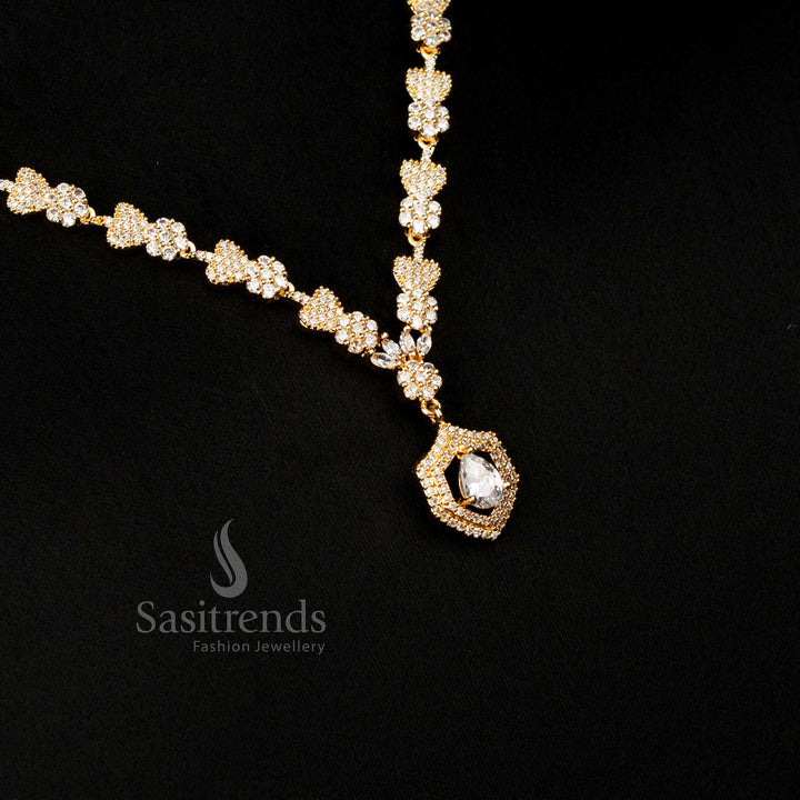 American Diamond gold plated heart and floral white necklace with teardrop pendant perfect for festive gatherings and celebrations – Sasitrends