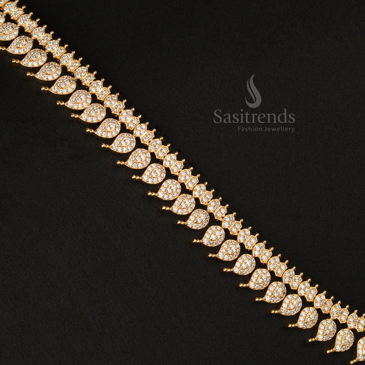 American Diamond gold plated leaf mango short haram necklace set, showcasing glowing ivory-white stones