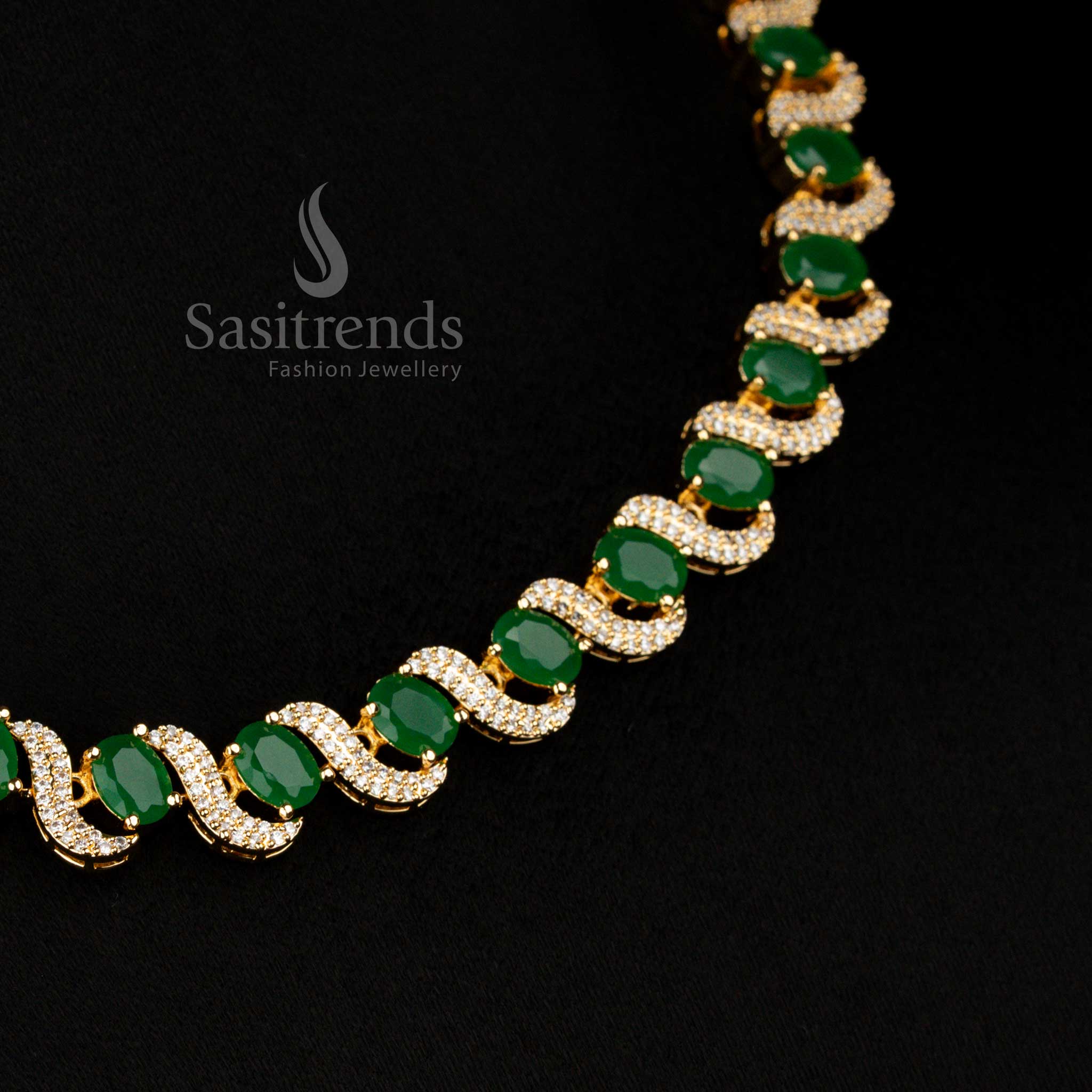 Alluring American Diamond micro gold plated S-Curve white-green necklace with oval stones, designed for exclusive finery and celebration wear – Sasitrends